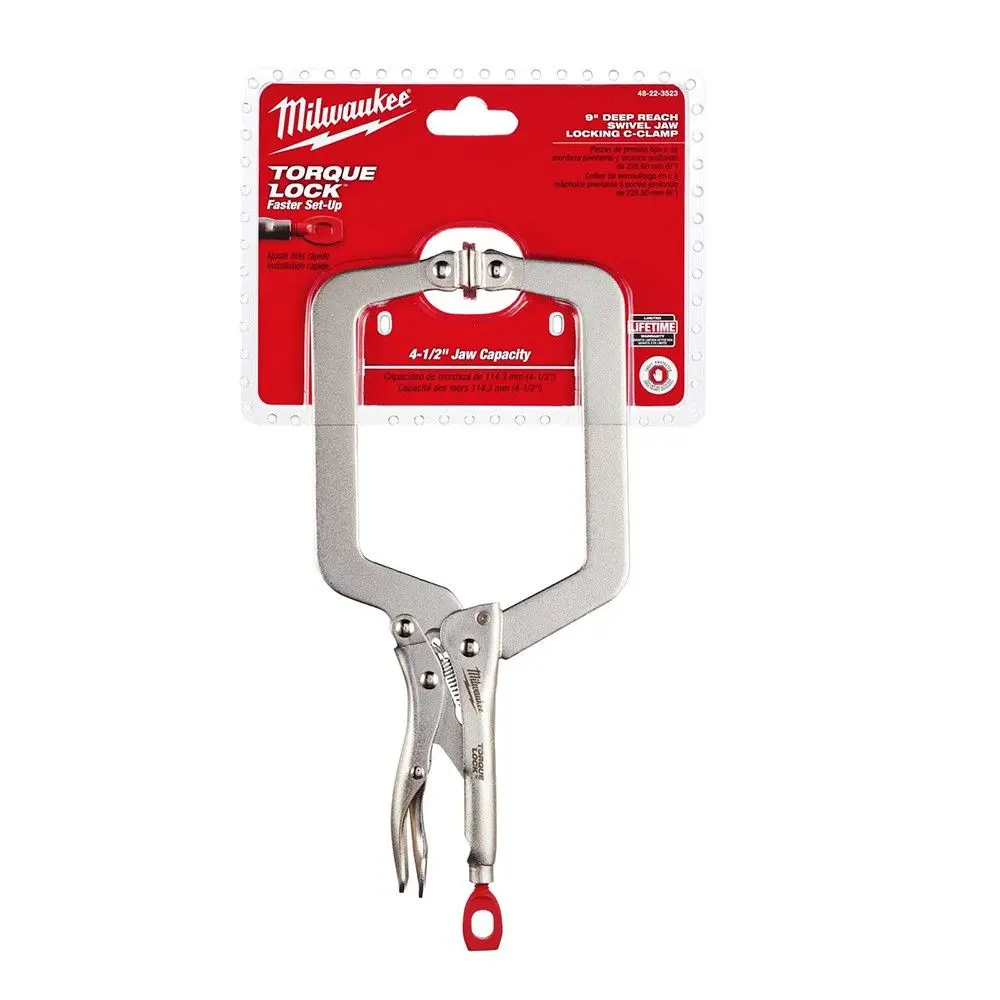 MILWAUKEE 228mm 9in Torque Lock Deep Reach C-Clamp Locking Pliers Swivel Jaw 48223523