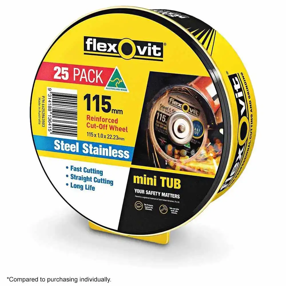 FLEXOVIT 115 x 1.0mm Steel & Stainless Cut Off Disc - MEGA INOX - 25 Piece Tub