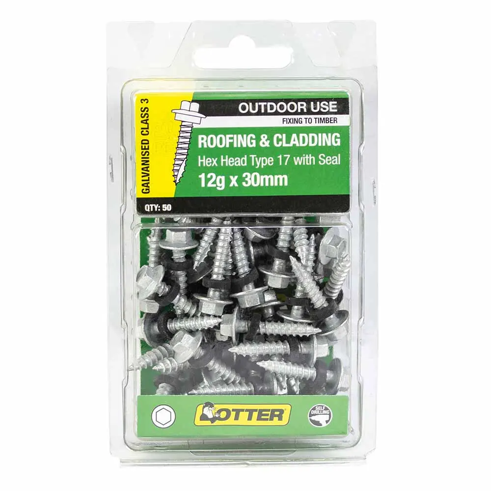 OTTER 50 Pack 12g x 30mm Hex Neo Timber Screw Type 17 Galv TING12302