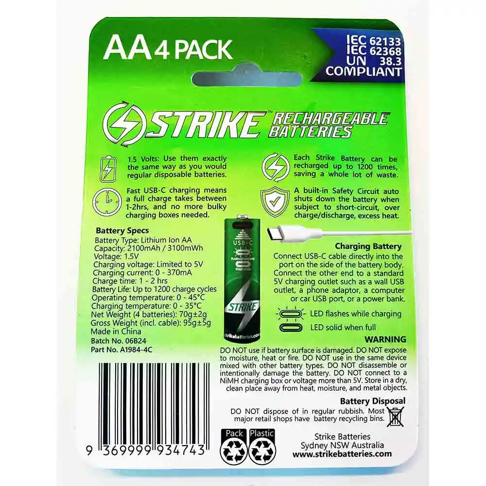 STRIKE 1.5V AA USB C 3100mw Battery With Cable - 4 Pack A1984-4C