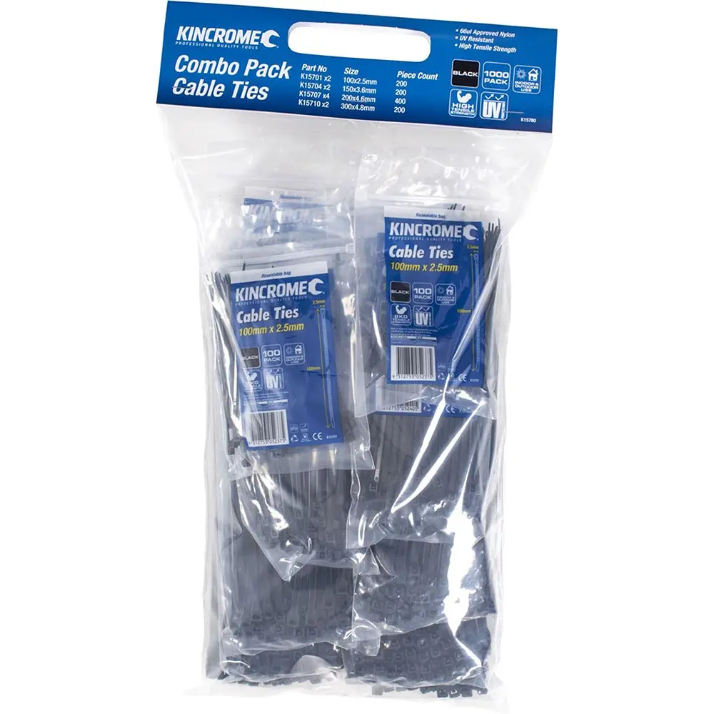 KINCROME Tie Cable Combo Pack Assorted Sizes Black - 1000 Piece K15780