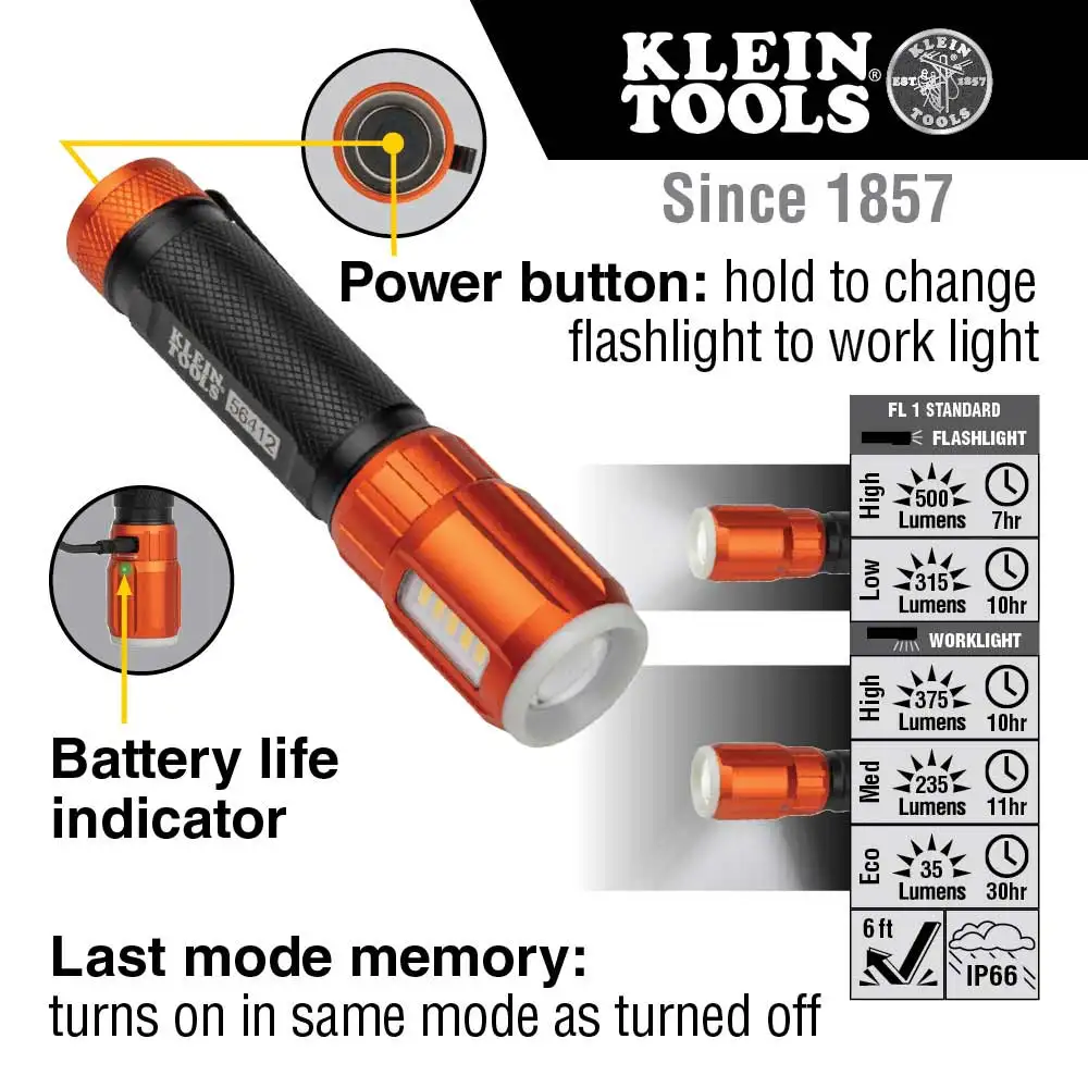 KLEIN 500 Lumens Rechargeable USB-C LED Torch A-56412