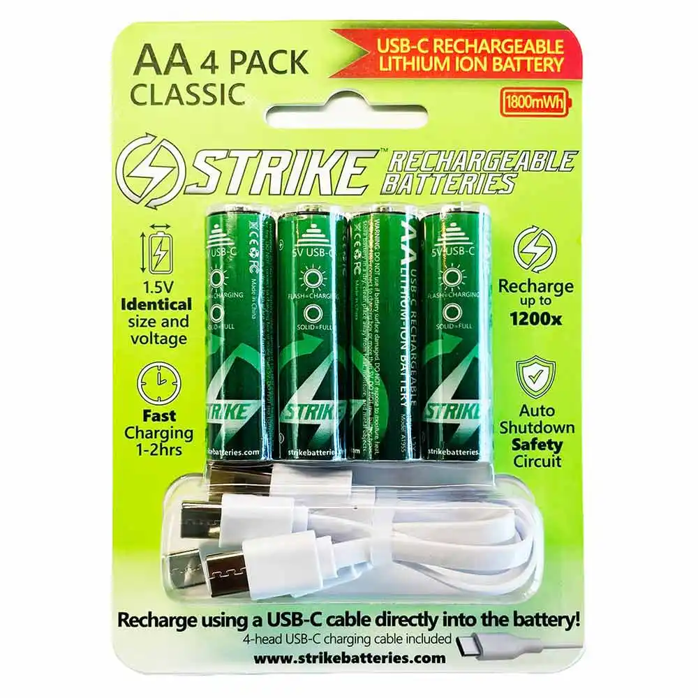 STRIKE 1.5V AA USB C 1800mw Battery With Cable - 4 Pack A1955-4C