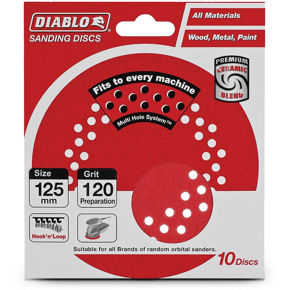 DIABLO 125mm 120-Grit Multi-Hole Hook & Loop Sanding Disc - 10 Piece