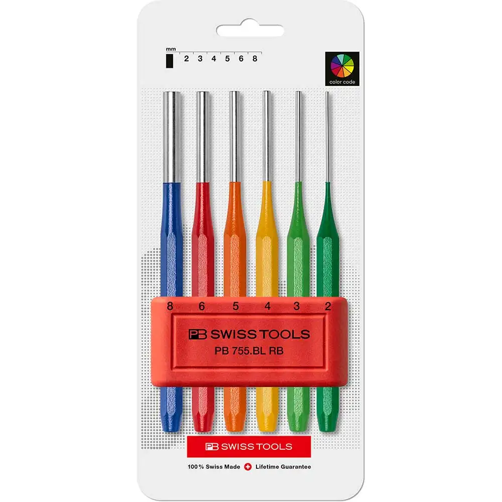 PB SWISS 2-8mm Chrome Plated Multi Colour Punch Pin Long Set - 6 Piece PB 755.BL RB CN