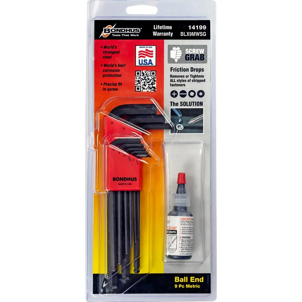 BONDHUS Metric Ball End Hex Key Set w. Screw Grab - 9 Piece BD14199