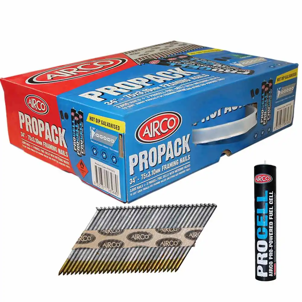 AIRCO 34° Hot Dipped Galvanised Framing Nails - 75mm Box of 3000 & 3 Fuel Cells FYP75312