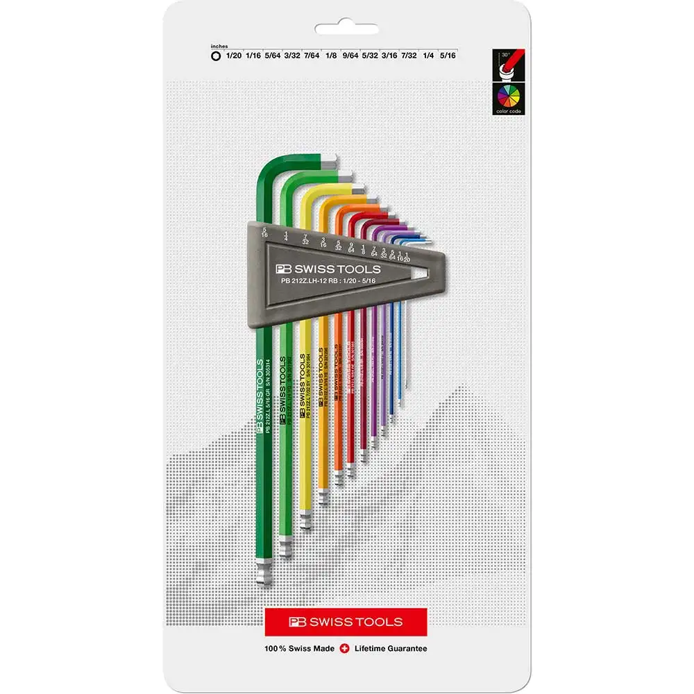 PB SWISS 1/20-5/16inch Long Af Multi Colour Hex-L Ball End Key Set - 12 Piece PB 212Z.LH-12 RB CN
