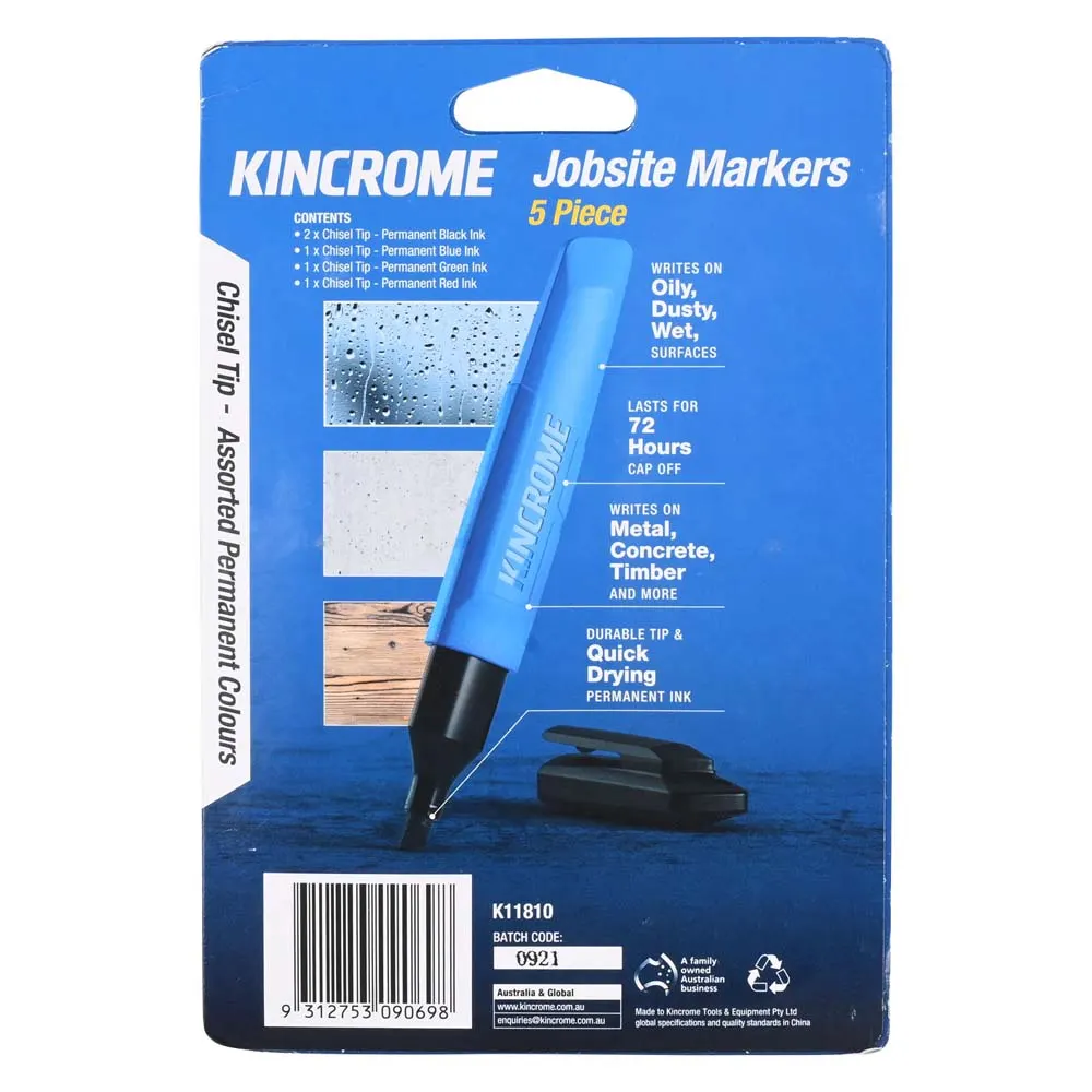 KINCROME Permanent Marker Chisel Tip Assorted Colours 5 Pack K11810