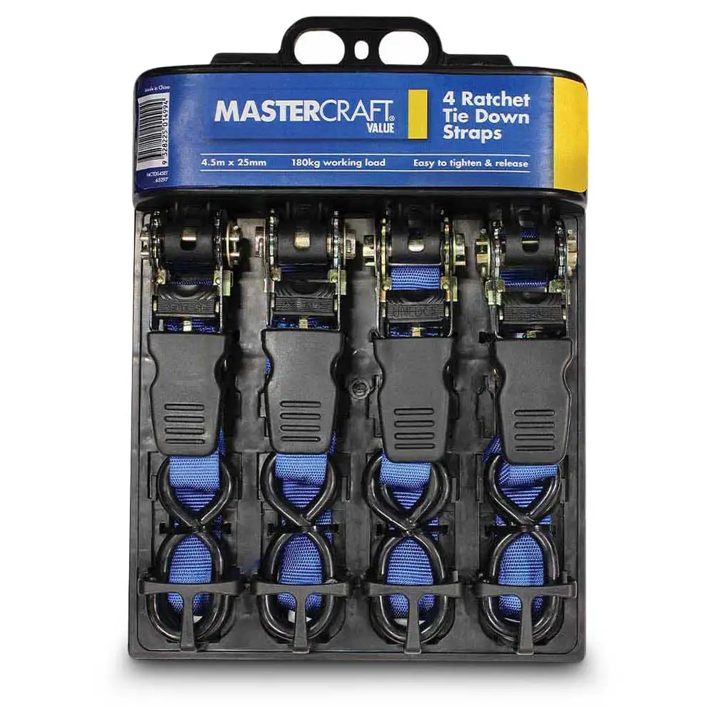 MASTERCRAFT 180kg Rated Ratchet Tie Down Straps - 4 Pack 154661P