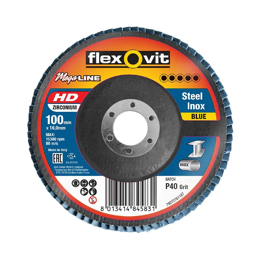 FLEXOVIT 100mm 40-Grit Zirconia INOX Angled Flap Disc - MEGALINE 78072761187