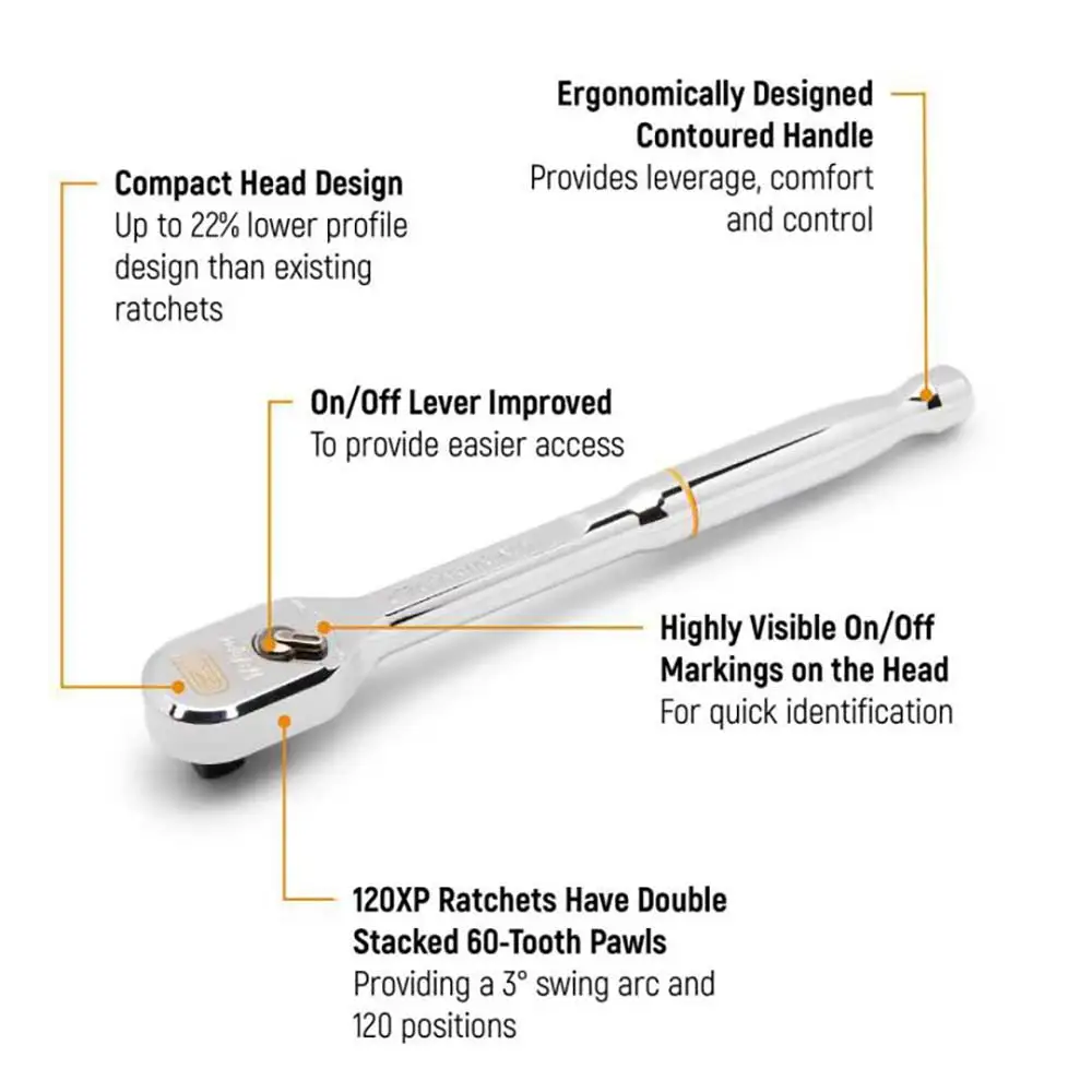 GEARWRENCH 1/4inch Drive 120XP Full Polish Chrome Extra Long Handle Teardrop Ratchet 81034XP