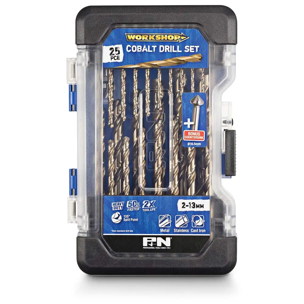 P&N WORKSHOP 2-13mm Metric HSS-Cobalt Jobber Drill Bit Set - 25 Piece + BONUS Countersink