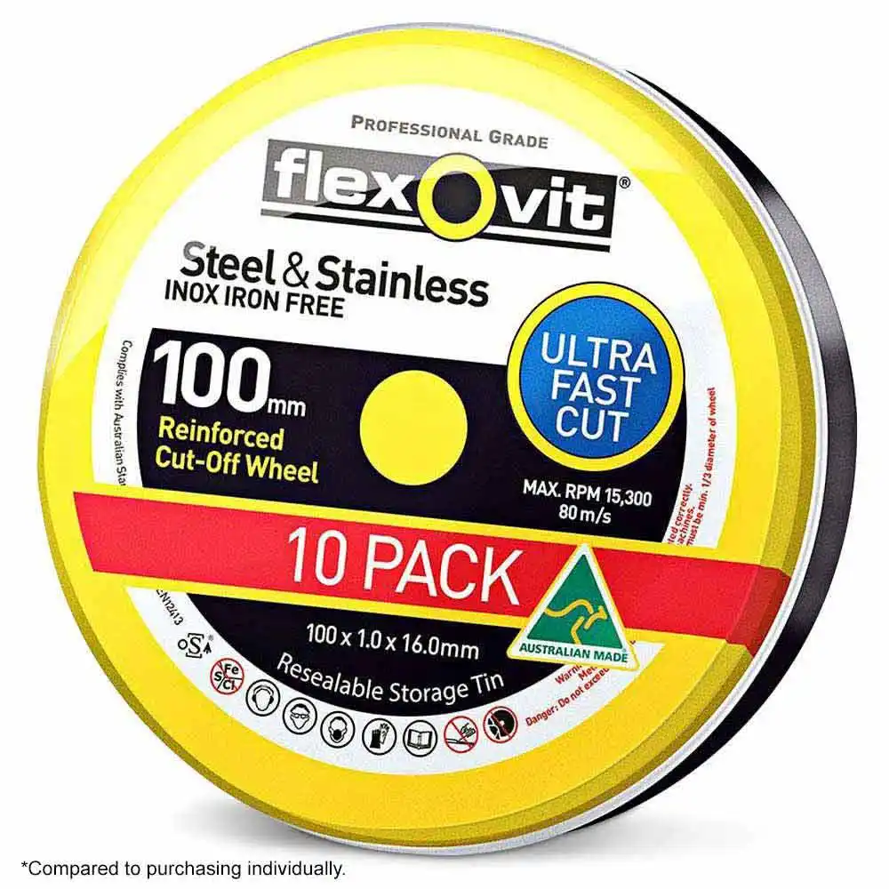 FLEXOVIT 100 x 1.0mm Steel & Stainless Cut Off Disc - MEGA INOX - 10 Piece Tin
