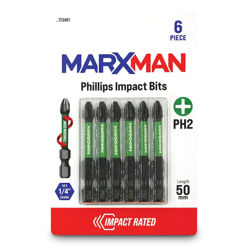 MARXMAN PH2 x 50mm Phillips Impact Screwdriver Bit - 6 Piece MSDBP2506PC