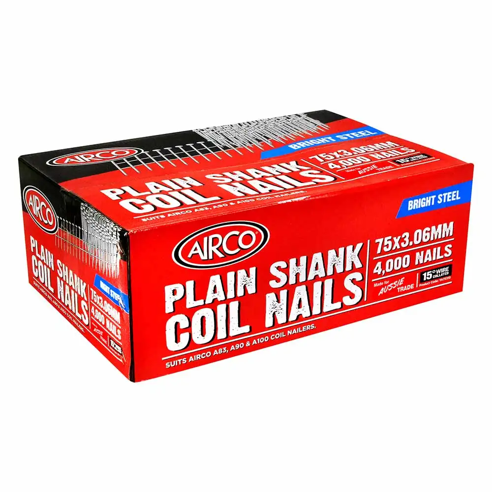 AIRCO Coil Nail Smooth Shank Bright Steel - 75mm Box of 4000 YA75310