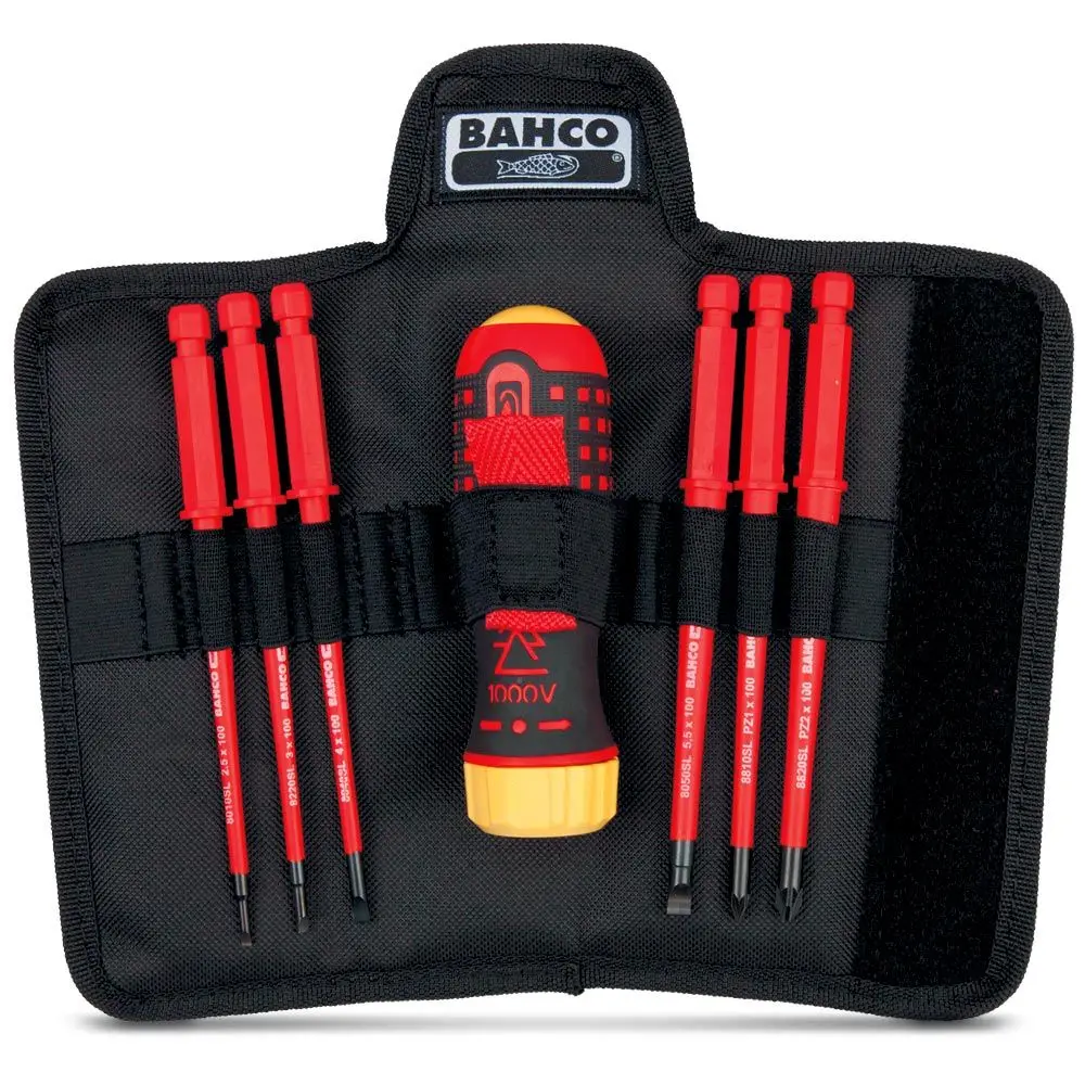 BAHCO 7 piece 1000v Ratchet Screwdriver Set with 1000v interchangable blades in nylon pouch.