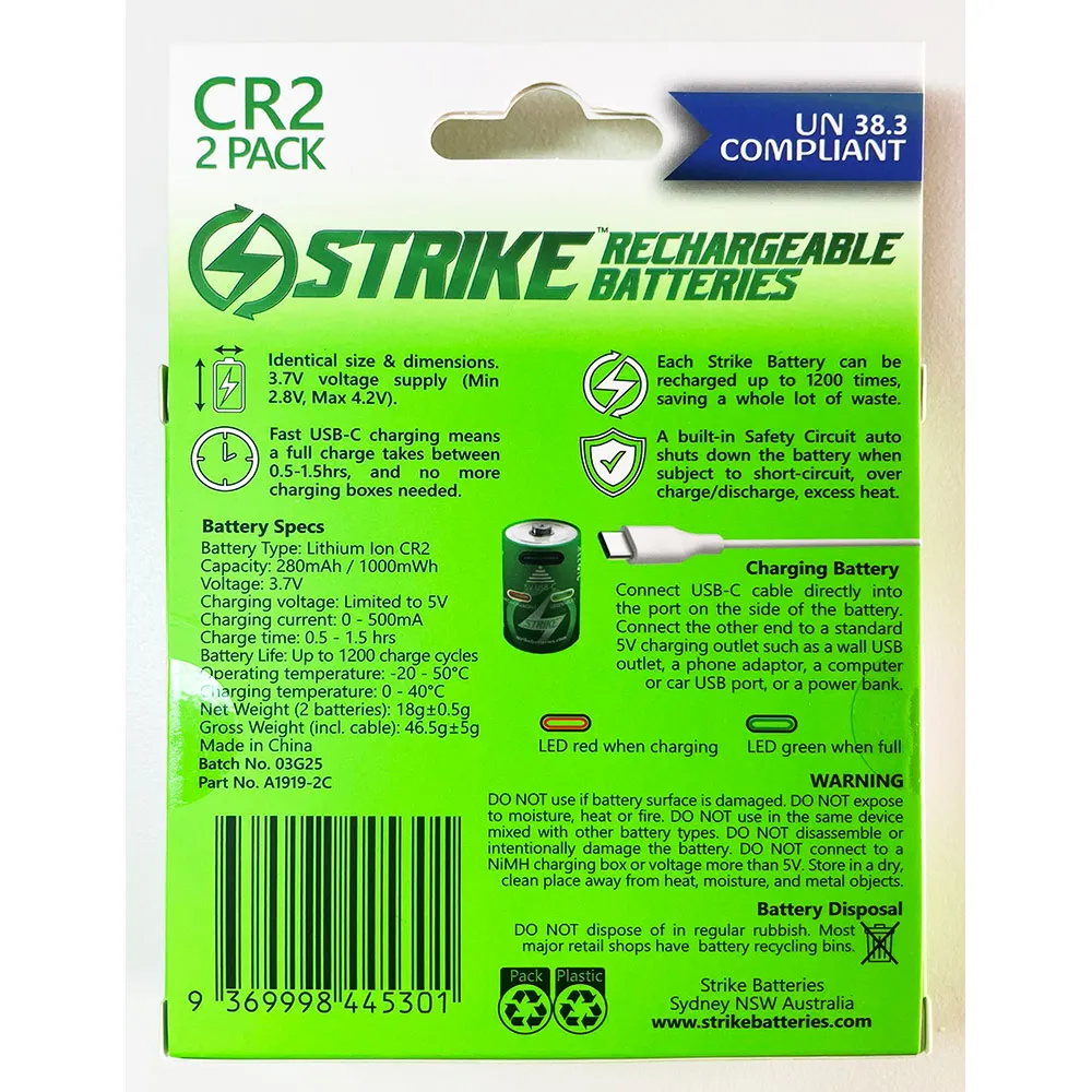 STRIKE 1000MW 3.7V USB-C Recharge Battery CR123A with Cable - 2 Pack A1919-2C