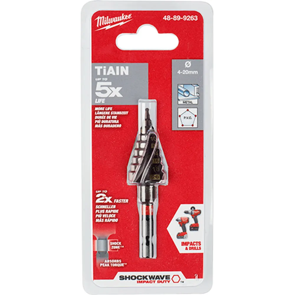 MILWAUKEE 4-20mm 9-Step 1/4-Hex HSS-TiAlN Spiral Flute Step Drill Bit - SHOCKWAVE 48899263