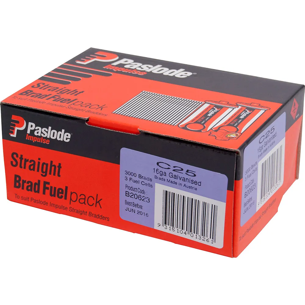 PASLODE 25 x 1.6mm Zinc Plated C25 Impulse Brad with Fuel 3000 pk B20623