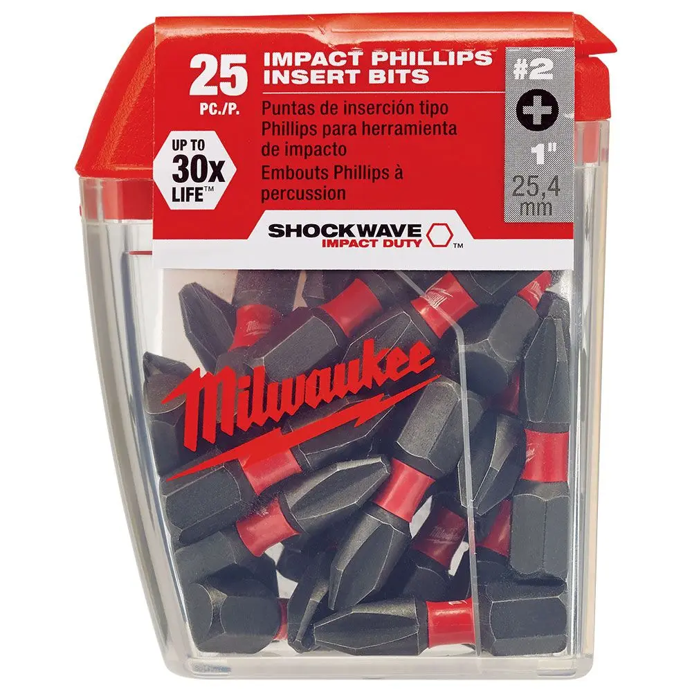 MILWAUKEE PH2 x 25mm Phillips Insert Screwdriver Bit - SHOCKWAVE - 25 Piece 48324604