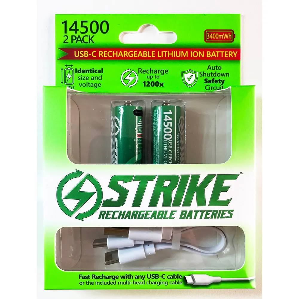 STRIKE 3400MW 3.7V USB-C Recharge Battery 14500 with Cable - 2 Pack A1921-2C