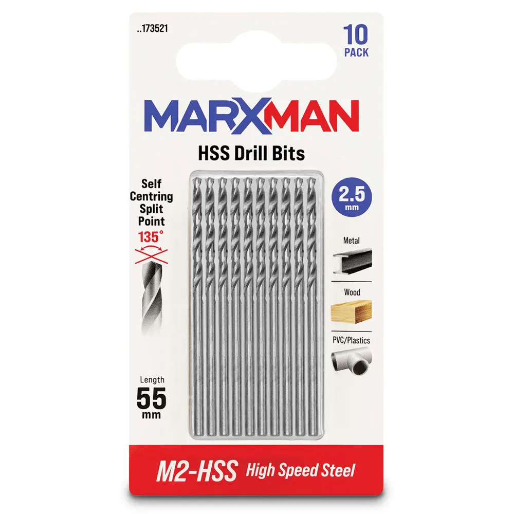 MARXMAN 2.5x55mm HSS Metal Jobber Drill Bit - 10 Piece MHSS25MM10PC