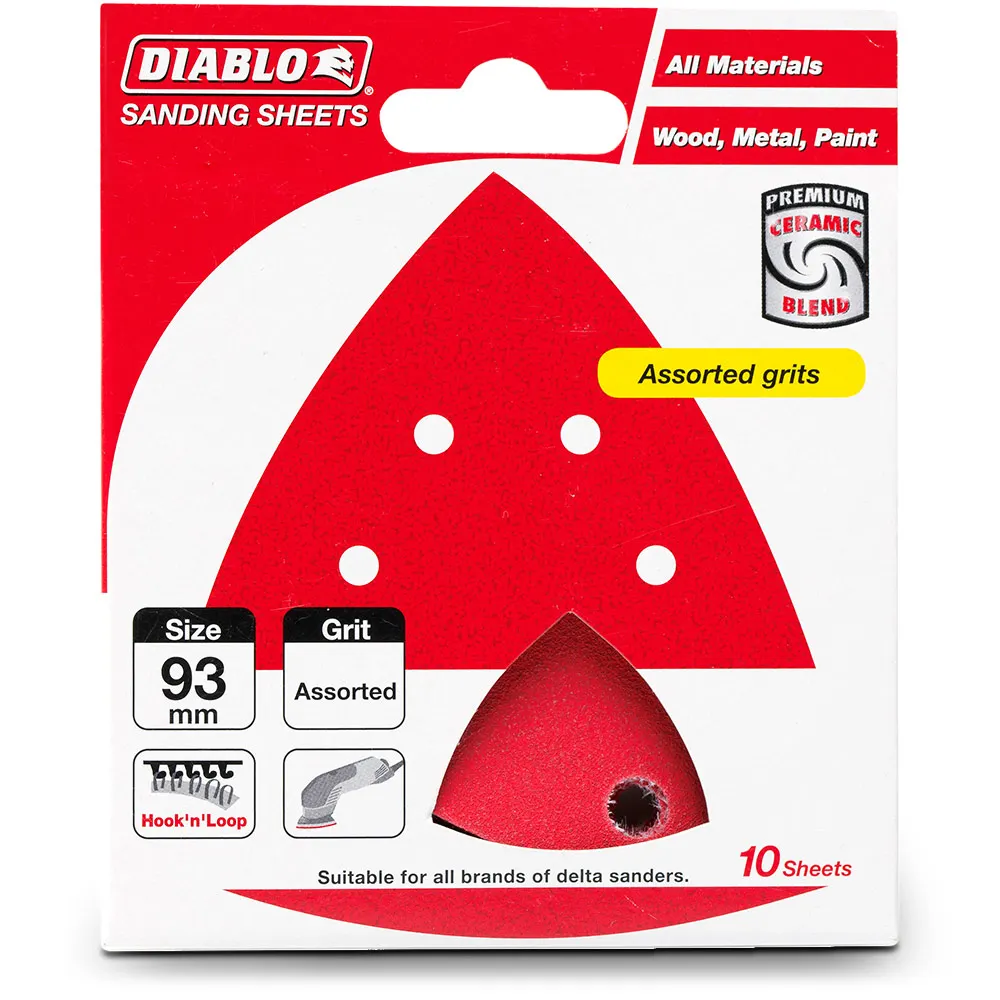 DIABLO 93mm Mixed-Grit 6-Hole Hook & Loop Delta Sanding Sheet - 10 Piece 2608F01174