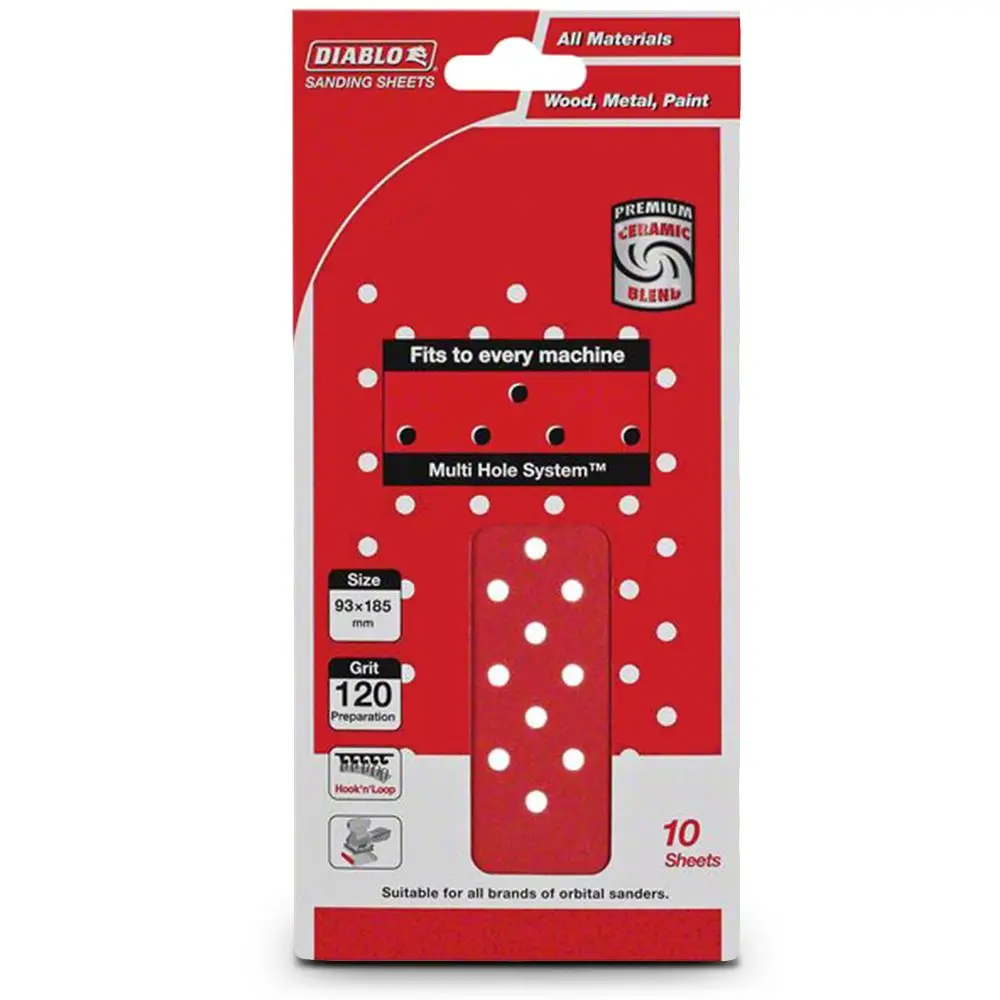 DIABLO 93 x 185mm 120-Grit Multi-Hole Hook & Loop Sanding Sheet - 10 Piece