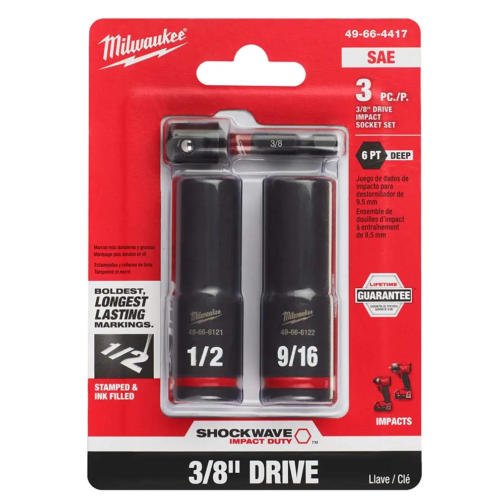 MILWAUKEE 3 Piece 3/8inch Drive 6 Point Shockwave SAE Deep Impact Socket Set 49664417