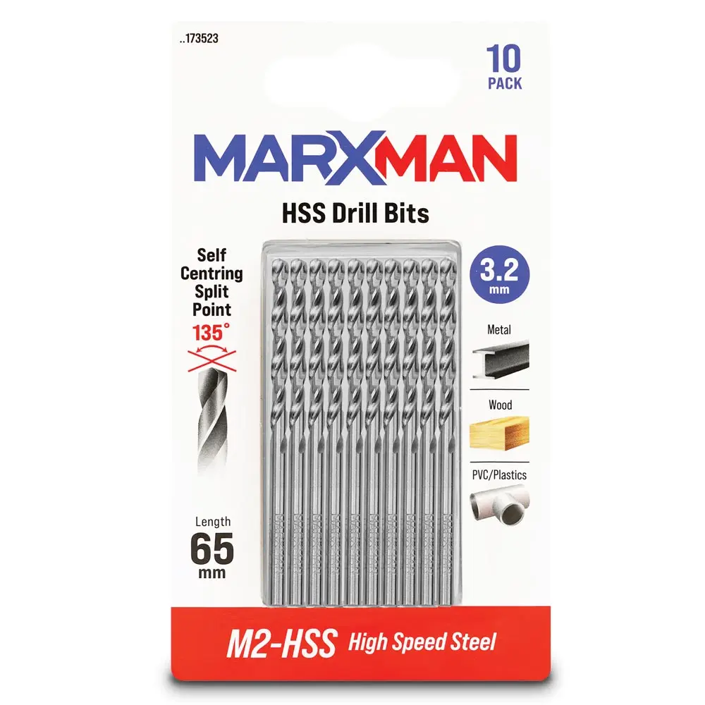 MARXMAN 3.2x65mm HSS Metal Jobber Drill Bit - 10 Piece MHSS32MM10PC