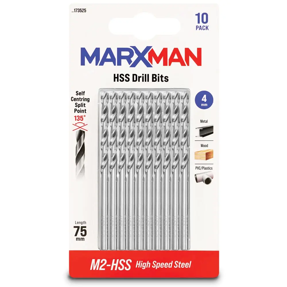 MARXMAN 4.0x75mm HSS Metal Jobber Drill Bit - 10 Piece MHSS4MM10PC