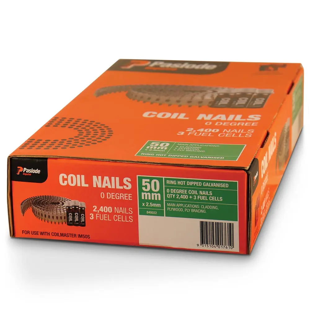 PASLODE 50mm Coil Nails & 3 Fuel Cells - 2400 Pack B40022