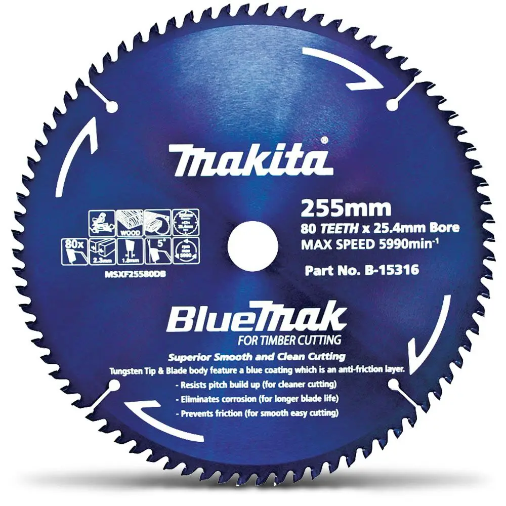 MAKITA 255mm 80T TCT Circular Saw Blade for Wood Cutting - Mitre Saws - BLUEMAK B15316
