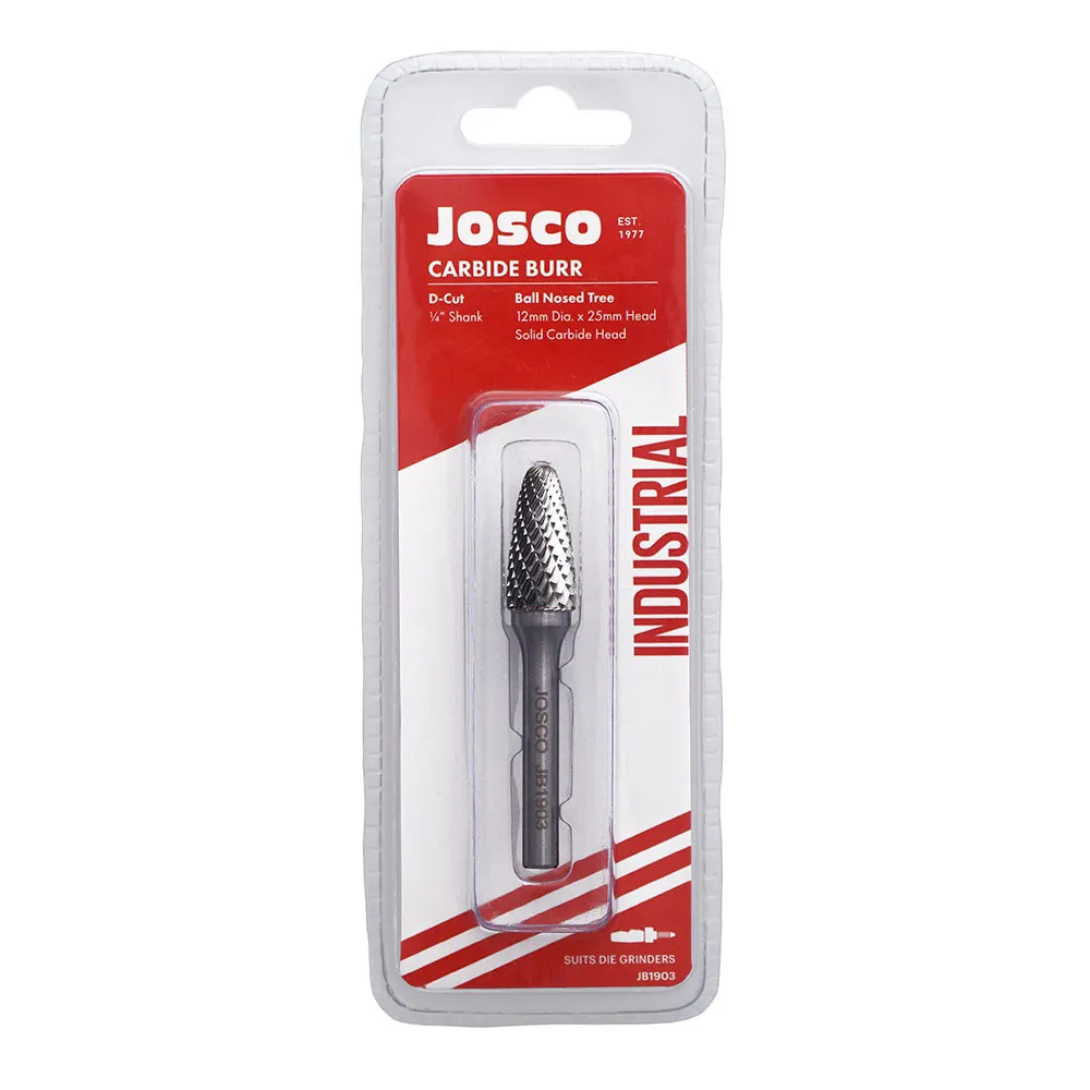 JOSCO 12 x 25mm 1/4inch Shank Ball-Nosed Tree Diamond Cut Carbide Burr