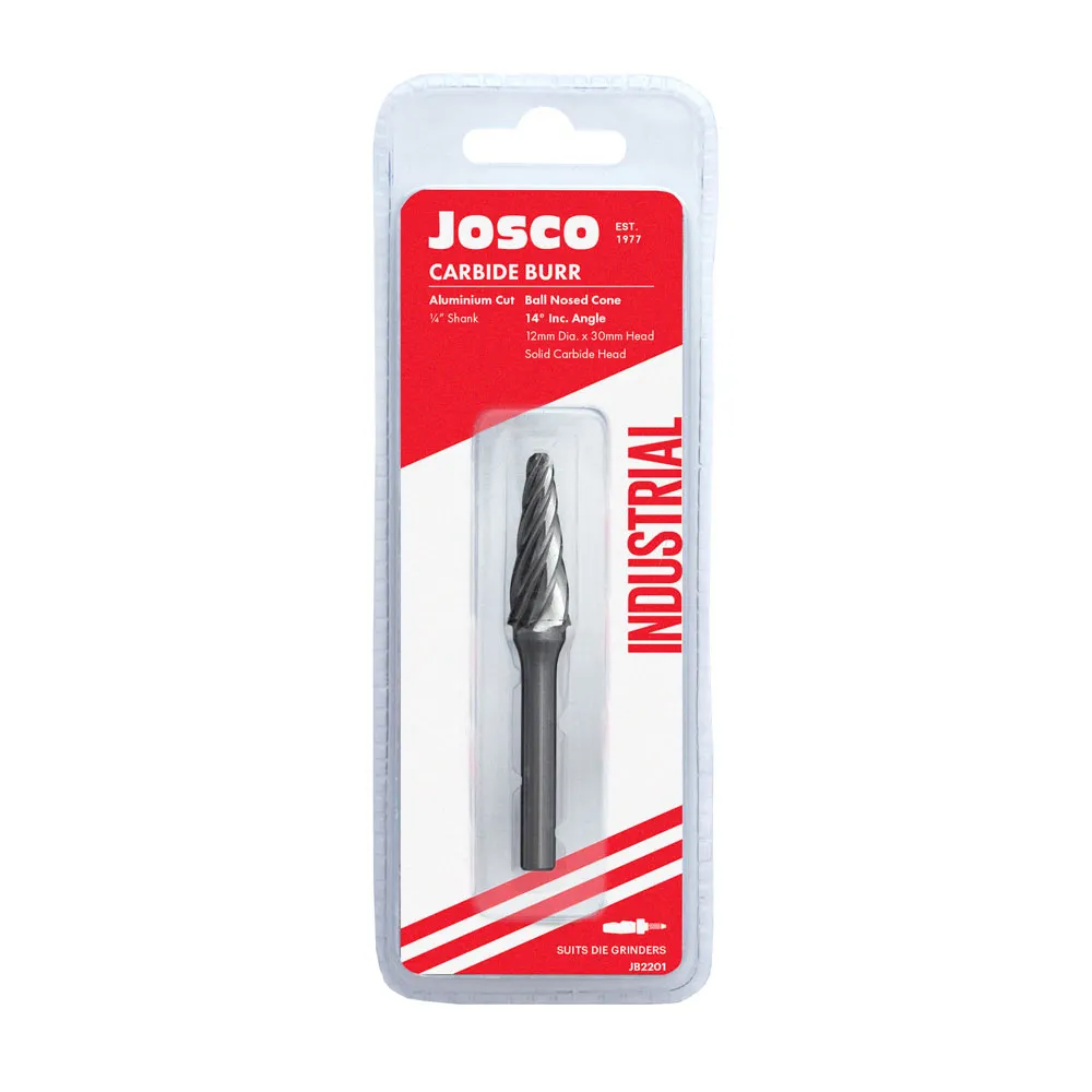 JOSCO 12 x 30mm 1/4inch Shank Ball-Nosed Cone Aluminium Cut Carbide Burr