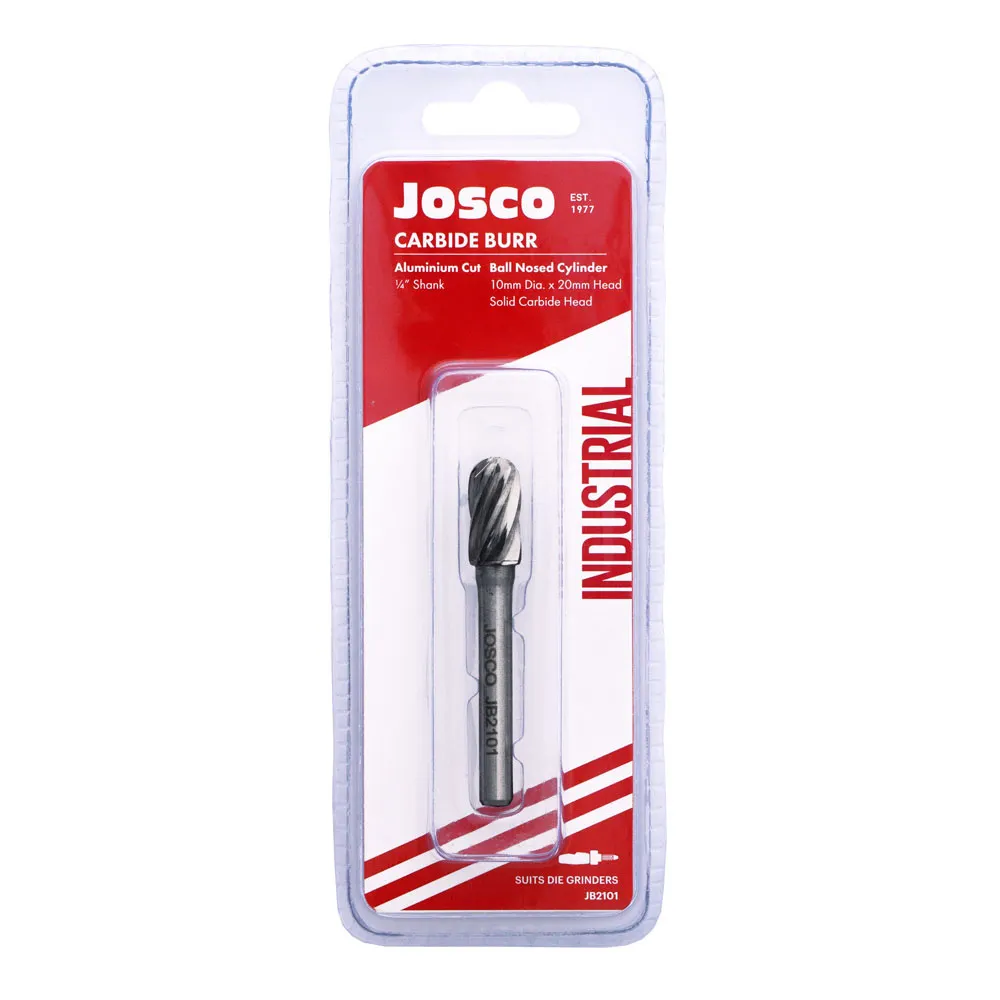 JOSCO 10 x 20mm 1/4inch Shank Ball-Nosed Cylinder Aluminium Cut Carbide Burr