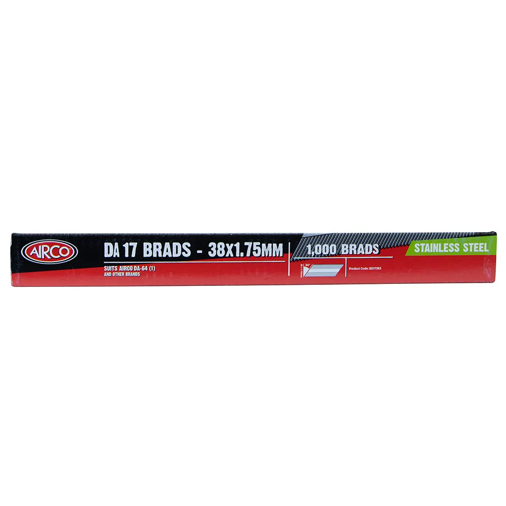 AIRCO 38 x 1.8mm 15GA DA17 S/Steel Brad Nail - 1000 Box BD17383