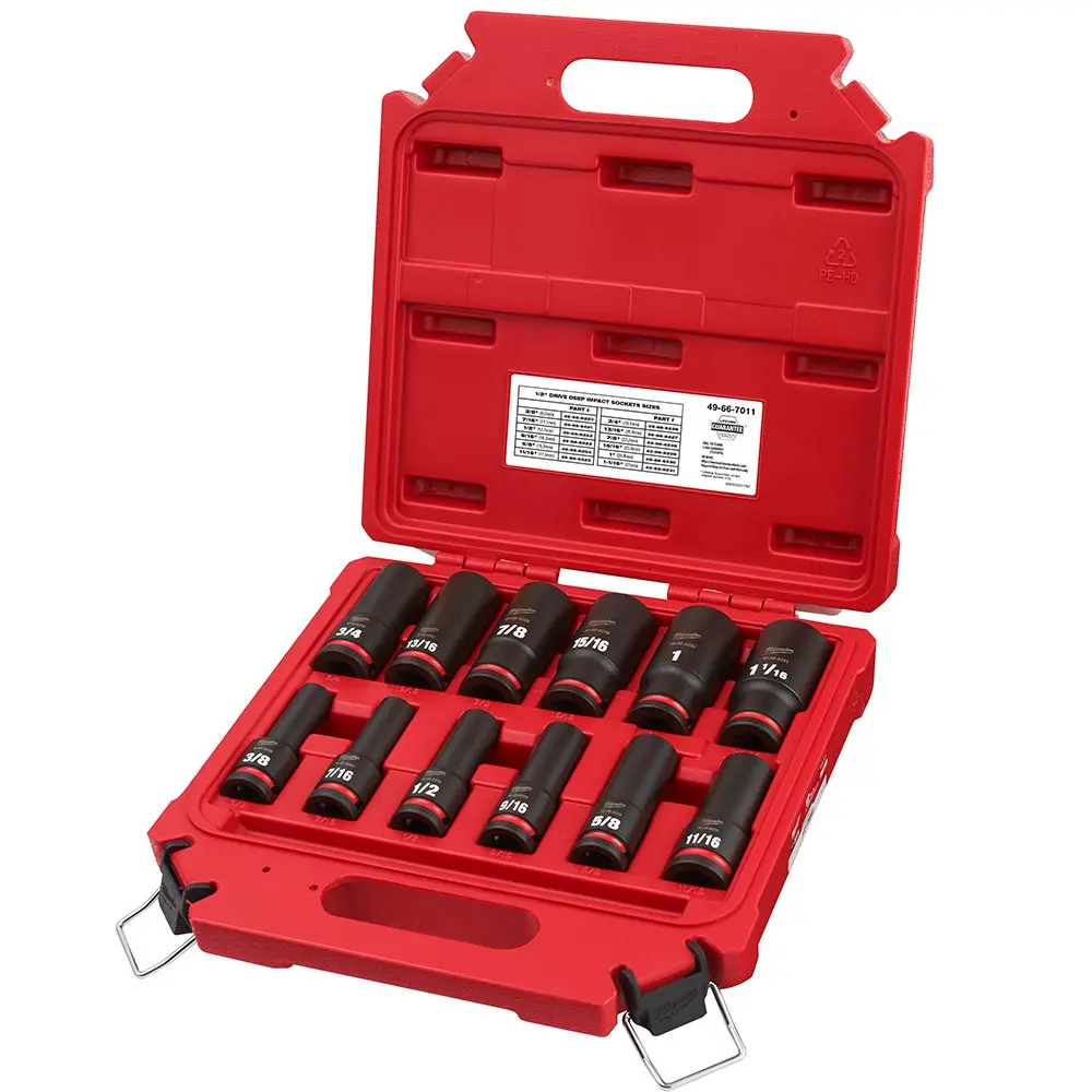 MILWAUKEE 12 Piece 1/2inch Drive 6 Point Shockwave SAE Deep Impact Socket Set 49667011