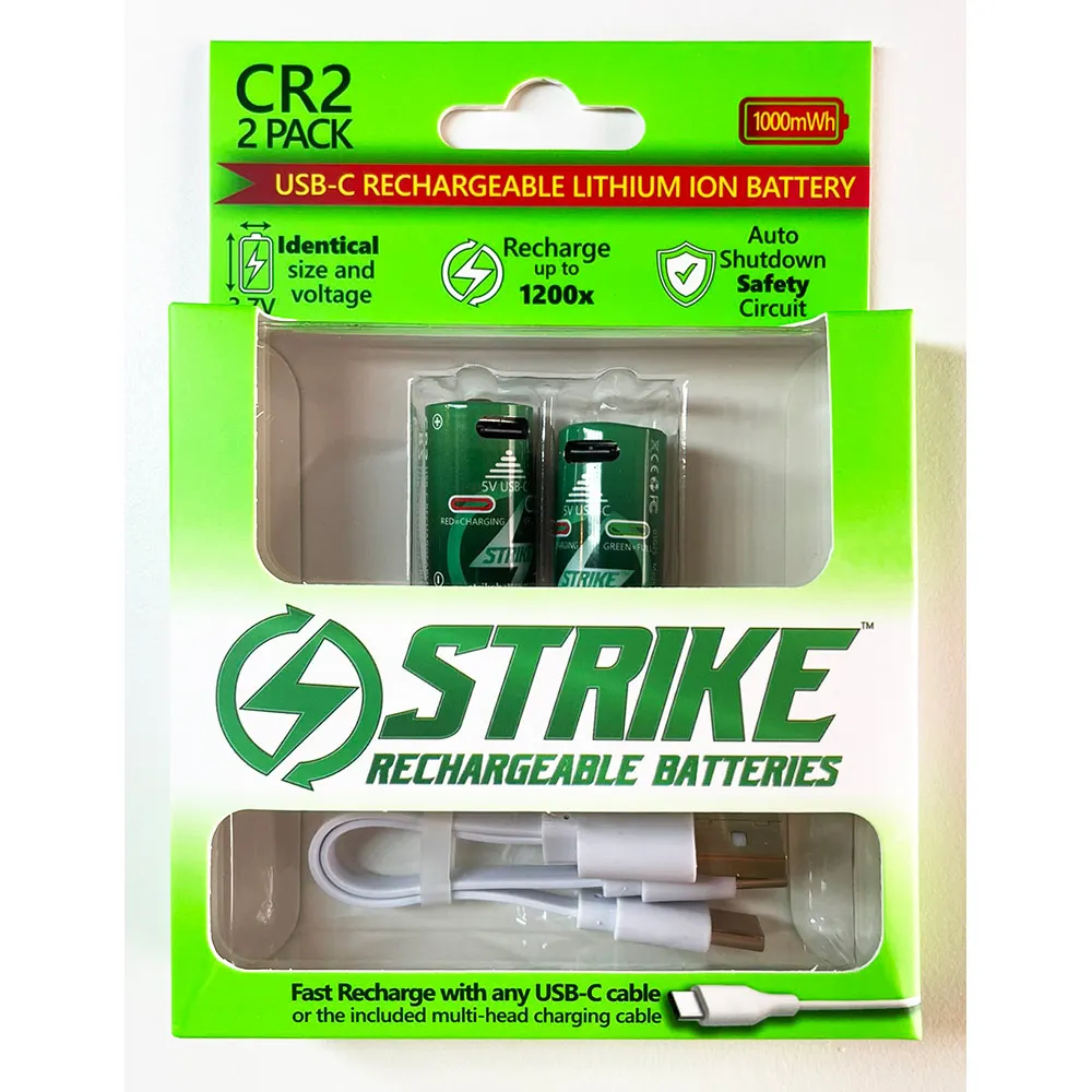 STRIKE 1000MW 3.7V USB-C Recharge Battery CR123A with Cable - 2 Pack A1919-2C