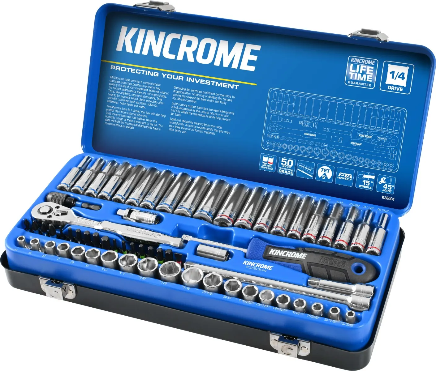 KINCROME 1/4" Drive Standard/Deep Socket Set Metric & Imperial - 65 Piece K28004