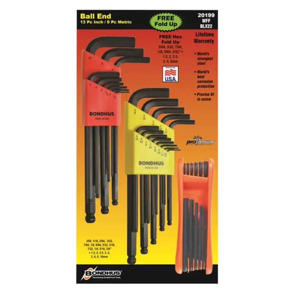 BONDHUS Imp/Metric Gorilla Grip Fold Up Ball End Hex Key - 12 Piece BD20199WFF