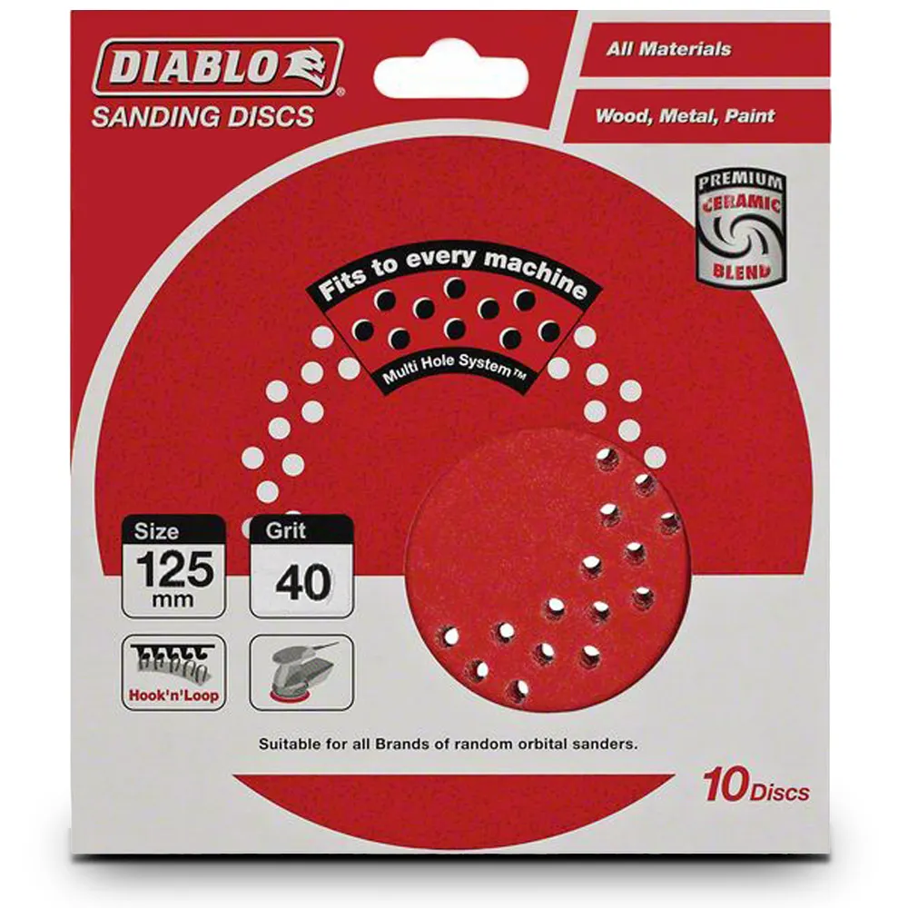 DIABLO 125mm 40-Grit Multi-Hole Hook & Loop Sanding Disc - 10 Piece 2608603271