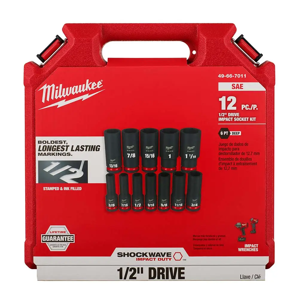 MILWAUKEE 12 Piece 1/2inch Drive 6 Point Shockwave SAE Deep Impact Socket Set 49667011