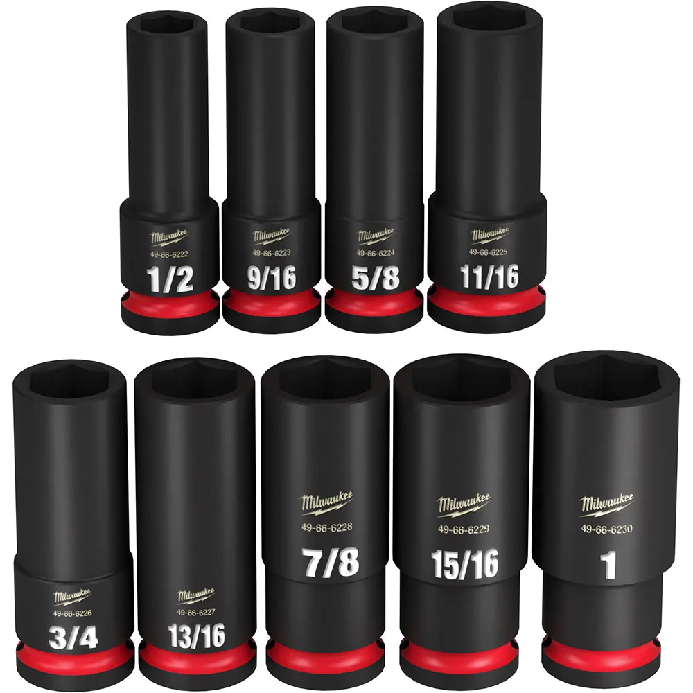 MILWAUKEE 9 Piece 1/2inch Drive 6 Point Shockwave SAE Deep Impact Socket Rail Set 49667022