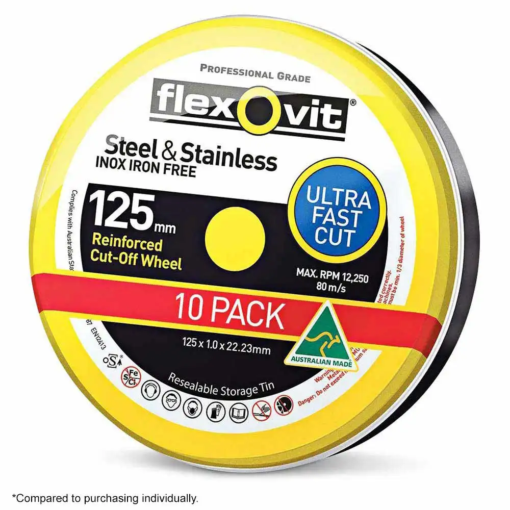 FLEXOVIT 125 x 1.0mm Steel & Stainless Cut Off Disc - MEGA INOX - 10 Piece Tin