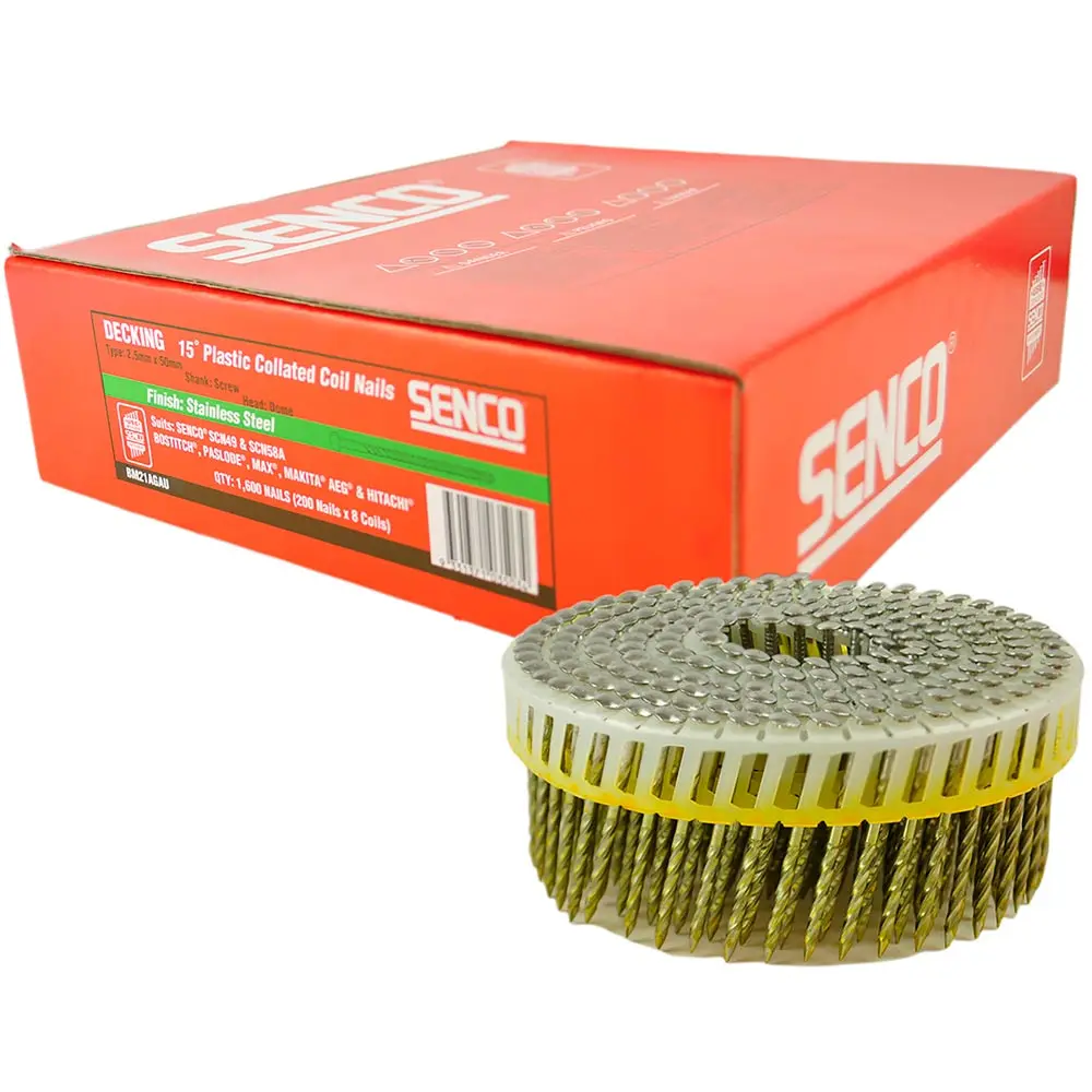 SENCO Decking Coil Nails Screw Shank 304 Grade Stainless Steel - 50mm Box of 1600 BM21AGAU