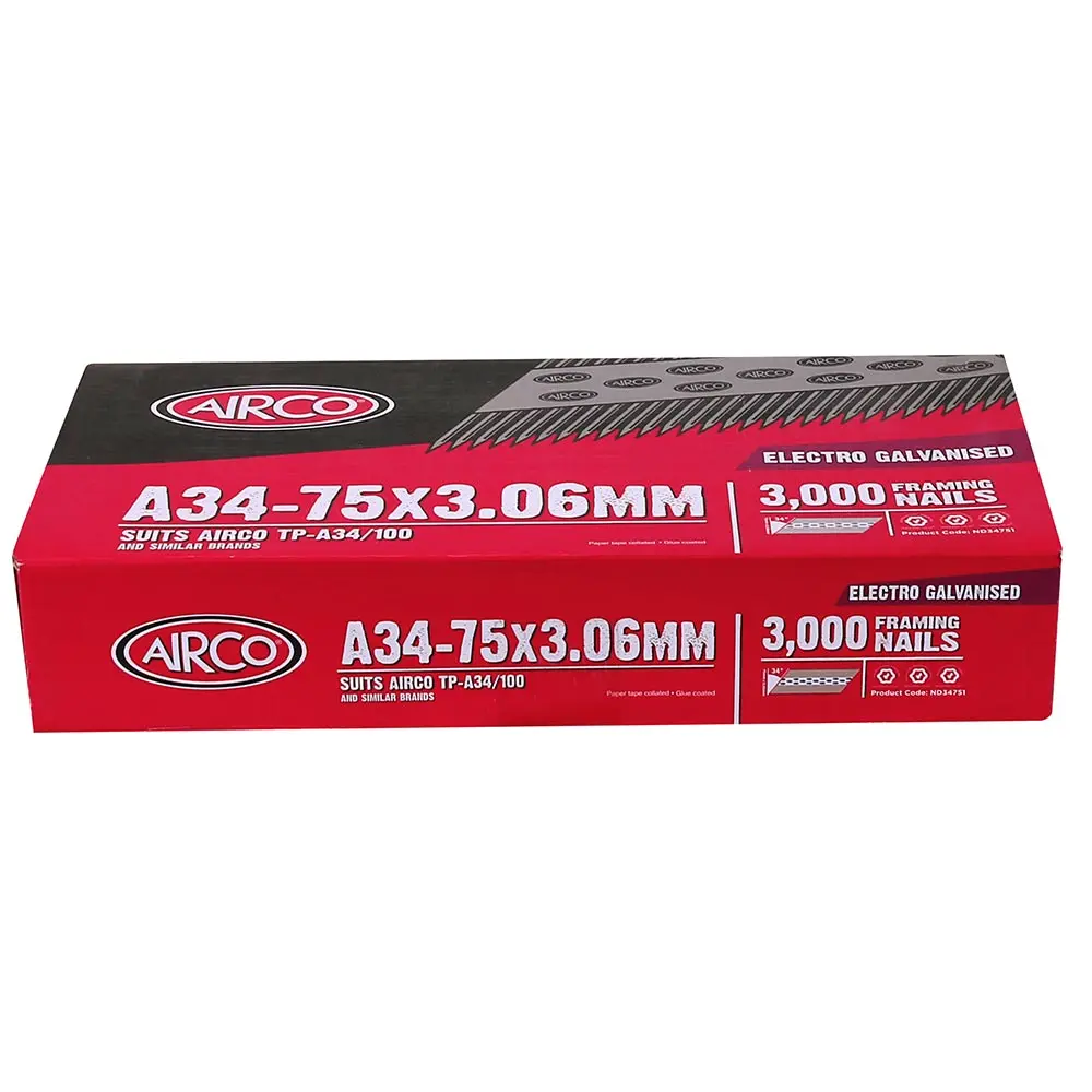 AIRCO 34° Electro Galvanised Framing Nails - 75mm Box of 3000 ND34751