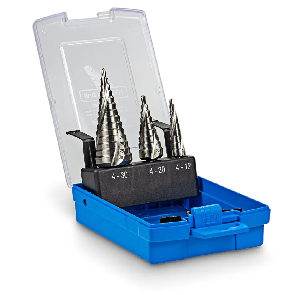 SUTTON 4-12mm, 4-20mm, 4-30mm HSS Spiral Step Drill Set - 3 Piece