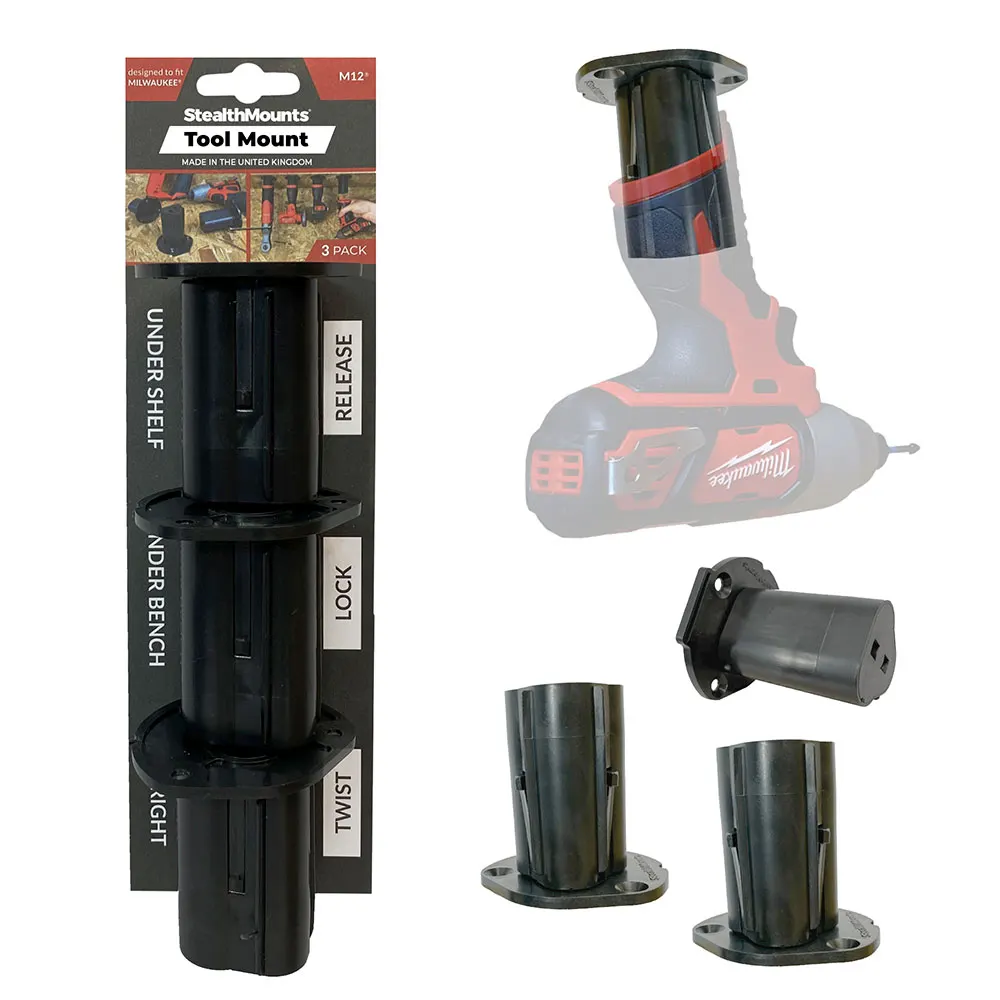STEALTHMOUNTS 3 Piece Mount Holder for Milwaukee M12 Tools Black TM-MW12-BLK-3